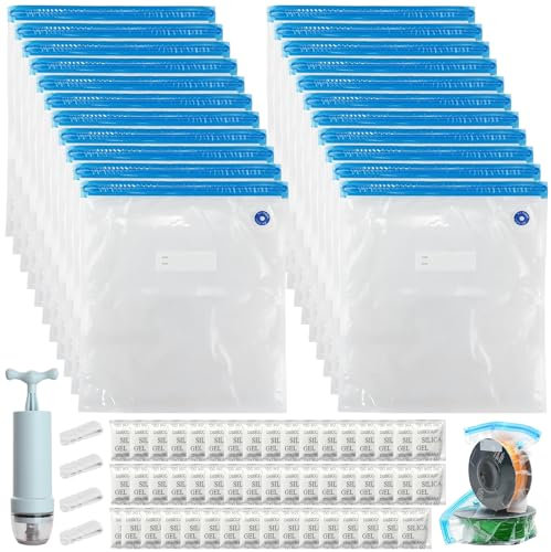 NINGYER 22 bolsas de vacío de filamento, bolsas de filamento con 50 medios resistentes a la humedad, 4 clips de sellado y 1 bomba de mano, para almacenamiento PLA ABS PETG TPU (34 x 30 cm)
