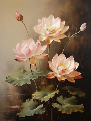Malen Nach Zahlen Erwachsene Lotus Malen Nach Zahlen Retro Paint by Numbers Anfänger kinder,DIY Handgemalt Ölgemälde Leinwand Kits mit Pinseln Acrylfarben Bastelset,Home Deko,Frauen Geschenk 60x80cm