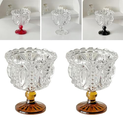 Boxonly Lot de 2 verres à dessert en cristal gaufré – Verre à pied ambré, 250 ml rétro pour crème glacée et plat à sucreries, verre sans plomb 12 x 10 cm