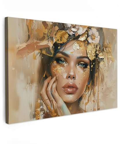MuchoWow© Cuadros Decoracion Salon Modernos Dormitorios Cuadro Decorativos | 90x60 cm - de Lienzos Decorativo Decoración Cabecero Cama Mujer - Flores - Oro - Retrato