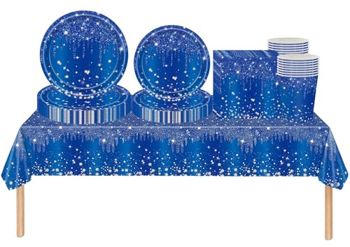 Blau Partygeschirr,69 Stück Blau Glänzender Glitzerdiamant Einweg Geschirr Pappteller Set Tischdecke Papptellern Servietten Bechern Bling Party Geschirr Set für Geburtstag Hochzeit Tischdekoration