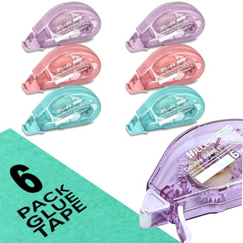 Pack von 6 Kleberollern, 6 mm x 6 m Doppelseitiges Klebeband, Selbstklebender Kleberoller, Fotokleber, Maus für Basteln, Kartenherstellung, Scrapbooks (Pink, Blau, Lila)