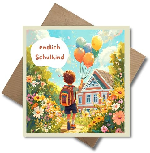 WBdesignz Einschulungskarte Junge – Endlich Schulkind – Grußkarte zum Schulanfang mit Schulranzen und Luftballons – Quadratkarte mit Umschlag – Einschulung Geschenkidee DIN A6