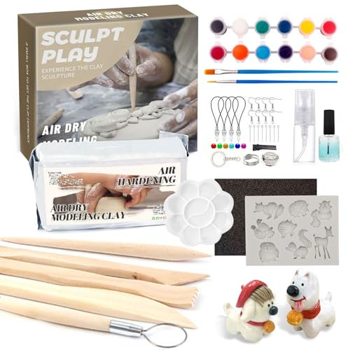 BOUFEIDA Töpferset für Anfänger, Töpferset für Zuhause, Clay Set mit Modellier-Werkzeug, Ton lufttrocknend in Weiß, DIY-Set zum Töpfern für Kinder & Erwachsene