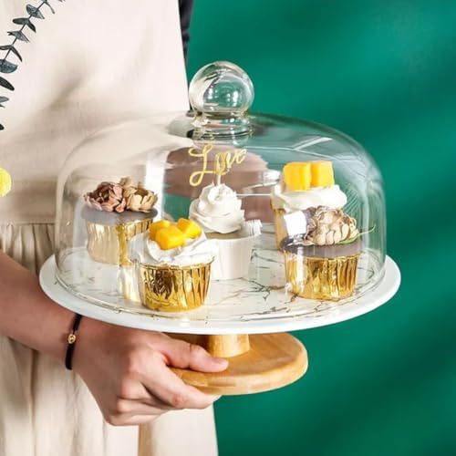 VIOLET LONDON Glass Dome Cake Stand with Wooden Base – Elegant Marble Ceramic Dessert Display for Cakes, Cupcakes, Pastries & More 8inch