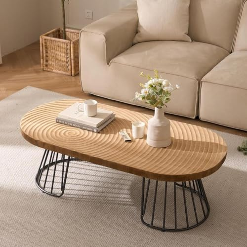 Cagnolier Couchtisch Holz Oval, Coffee Table mit Metallbeinen,ø110×50×40cm | Couchtisch Form eines Jahresrades, Massivholzfurnier, fur Wohnzimmer, schwarzen Metallbeinen, Großformat, Holzfarbe