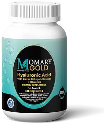 MOMARY Gold Hyaluronic Acid with Biotin, Collagen, Keratin, B-Complex (B1, B2, B3, B5, B6, B7, B9, B12), Vitamins A & D3, Folic Acid, Calcium, Phosphorus – Hair, Skin & Nail Support – 60 Capsules
