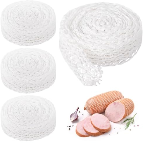 yeeplant Red de cordel de carnicero de 16.4 pies para cocinar, hacer salchichas, jamón, aves de corral, carnicero; mallas de algodón blanco para carne, rollos de red de carne, 4 rollos
