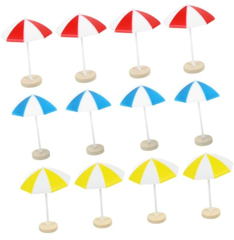 HONMEET 12pcs Mini Beach Umbrellas for Doll House Miniature Sun Umbrella Red Blue Yellow Small Decorative Ocean Scene Accessories for Party