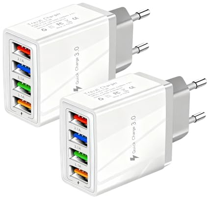 Cargador USB multipuerto de 2 unidades, adaptador USB de 4 puertos con carga rápida de 33 W (QC 3.0), enchufe de carga para iPhone 17, 16, 15, 14, 13, 12 y X, Samsung S24/S23/S22/S21, Xiaomi y otros t