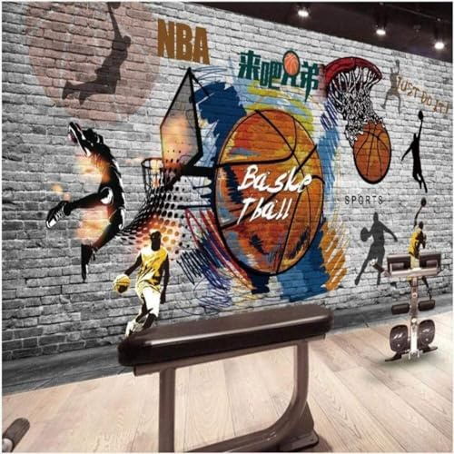 XLMING Retro Pintado A Mano Baloncesto Deporte Gimnasio Pared De Ladrillos 3D Papel Pintado Tapiz Textura de Seda Oficina Comedor Sofá Dormitorio Sala Estar TV Fondo Pantalla-430cm×300cm