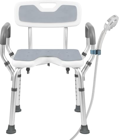 EasyVibe Shower Chair with Arms and Back, 53cm Heavy Duty Bath Seat, Grey Padded Shower Bench with Hygiene Cutout & Cold-Proof EVA Pads, 150kg Capacity