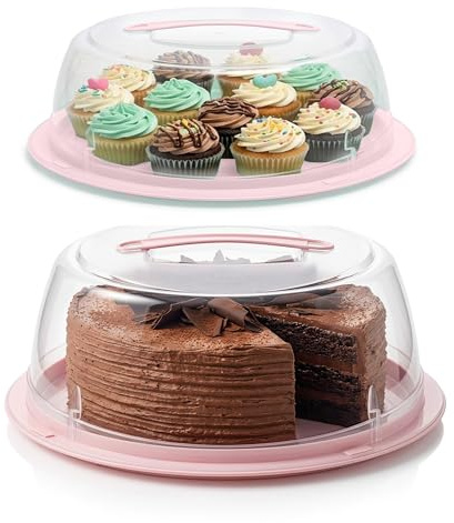 EPISENT Large Cake and Cupcake Carrier with 2 Lids, Round 11 Inch Dessert Storage Box, Lockable Plastic Container with Carry Handle for Transporting Home Baking