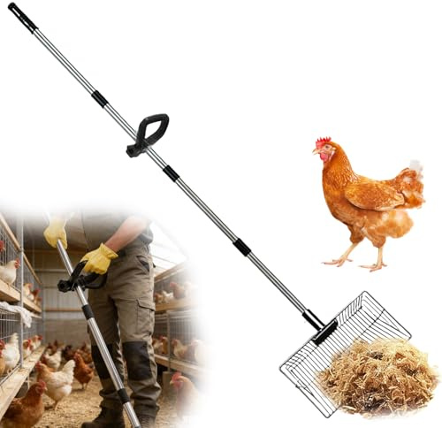 Kycklingskopa, kycklingbajs scooper 38 x 22,5 cm med 150 cm handtag, 4-i-1 justerbar rengöring silspade, stor hönshus tillbehör för kycklingstall, trädgård, hundkoja, kaninstall, robust