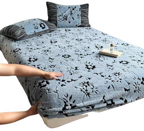 Juego de Cama de Terciopelo de Felpa, sábana Bajera Ajustable con Bolsillo Profundo de hasta 28 cm, Tejido de vellón Peludo.(Blue,150 * 200cm)