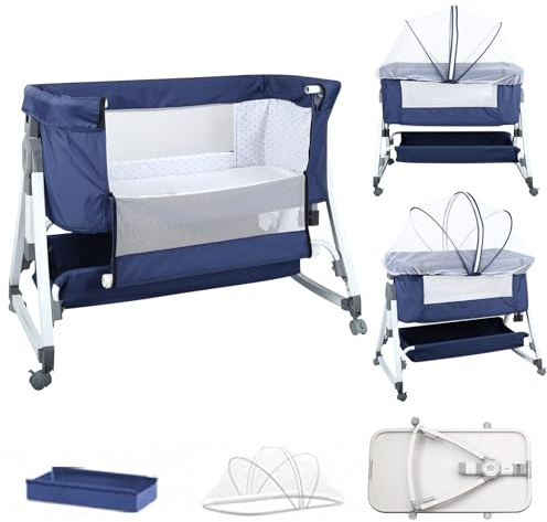 homewell 2 in 1 Beistellbett Baby & Babywiege mit Moskitonetz, Stubenwagen Baby Faltbar, 6 Fach Höhenverstellung und Neigungsverstellung, Seiten aus Netz, für Zuhause und Unterwegs (Marineblau)