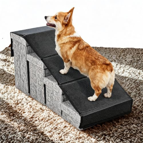 Snuffilo 3-in-1 Hundetreppe, klappbar mit Stauraum und Rampenfunktion – 4 Stufen Hundetreppe für Kleine Hunde und Katzen | Gelenkschonende Hunde Treppen für Bett & Sofa | Bis 45 kg+ | Grau