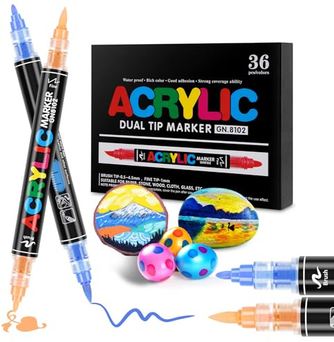 TOVIKI Rotuladores Acrílicos 36 Colores Doble Punta: Punta Pincel + 1mm, Líquido Directo - Tinta de Secado Rápido Impermeable para Pintar Huevos de Pascua y Piedras