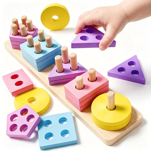Winstico Montessori Spielzeug ab 1 Jahr – Holz Sortier & Stapelspielzeug in sanften Pastellfarben, Aktivitätsspielzeug für Kleinkinder 1 2 3 Jahre, Lernspielzeug für Mädchen