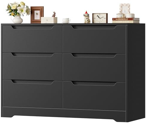 HOCSOK Byrå svart med 6 lådor, sideboard trä (108 x 82,5 x 39 cm), modernt lådskåp, stort med infällda handtag och tippskydd, universalskåp för sovrum, vardagsrum och hall