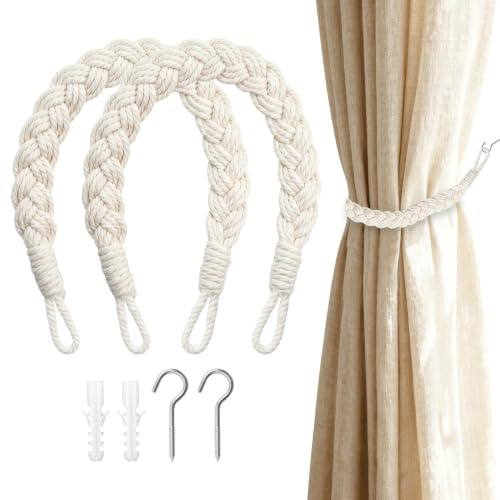 Vorhang Raffhalter 2 Stück, Handgestrickte Baumwollseil Gardinenhalter mit 2 Haken, Boho Vorhanghalter Vorhangbinder, Dekorative Raffhalter für Vorhänge, Wohnzimmer, Schlafzimmer, Büro - Beige