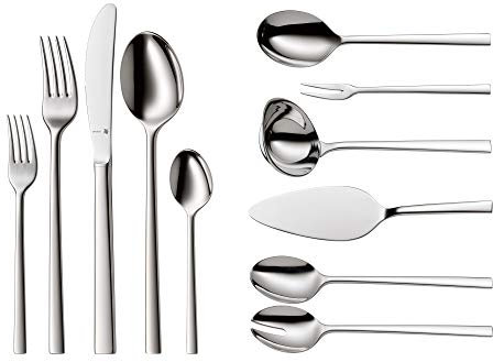 WMF Sonic Besteck Set 12 Personen, 66 teilig, 60 Teile mit Servierbesteck, Hohlheftmesser, Cromargan protect poliert, kratzbeständig, spülmaschinenfest