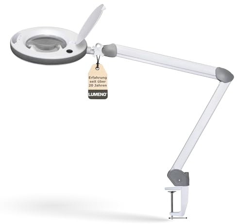 Lumeno dimmbare LED Lupenleuchte 8513GR mit großer 152 mm Echtglaslinse, einstellbare Helligkeitsstufen, geeignet als Arbeitsleuchte, Lupenlampe, Lesehilfe, 3 Dioptrien Grau