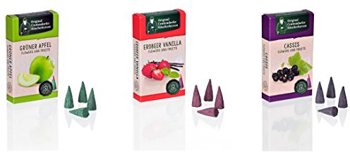 Crottendorfer Lot de 3 paquets de 24 encens en forme de fleur et de fruits - Pomme verte, fraise, vanille et cassis