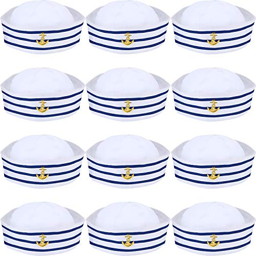 12 Stück Segelhüte Blau mit Weißem Kapitänsmütze Matrosenmütze für Herren Damen Kostüm Zubehör Verkleidung Party (Zarter Stil)