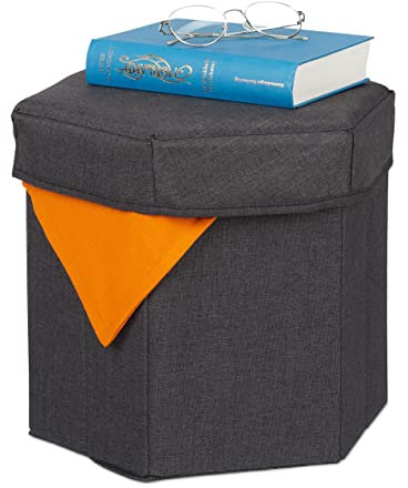 Relaxdays Sitzhocker mit Stauraum, faltbar, weich gepolstert, Wohnzimmer, Stoff, HBT 31x36x32 cm, Sitzwürfel, dunkelgrau