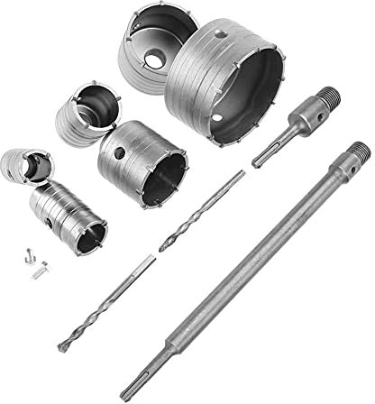 AYNEFY Frese a Tazza carotatrice, Set di 10 Pezzi carotatrice Muro Punte SDS Muro 35mm/40mm/50mm/65mm/82mm/110mm e Gambo Estensione Sega a Tazza SDS Plus, Punte per carotaggio in Lega