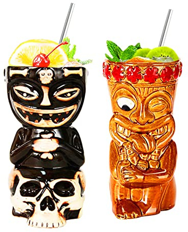 NUACOS Tiki Becher,Tiki gläser Set,Cocktail Becher,2-teiliges Cocktailgläser-Set,Tiki barzubehör,Hawaii-Party für Premium Tropische Tassen Getränke für exotische Party