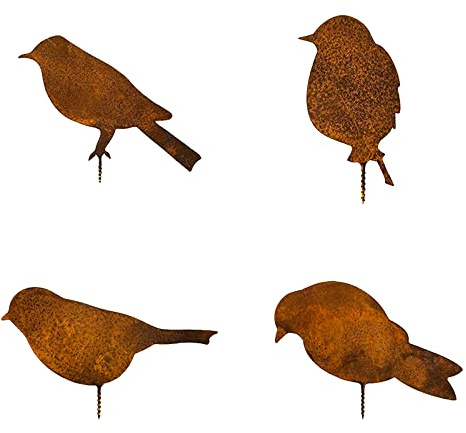 thirei Gartenstecker, 4 Stück Rost Vögel, Rost Deko, Edelrost Vögel mit Schraube,Winterdeko Draußen, für Gärten, Fensterbänke und Innenräume