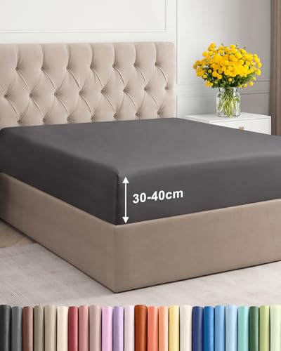King Fitted Bed Sheet 150x200x40cm - Extra Deep Fitted Sheet for Mattresses up to 40 cm (16) - Soft Brushed Microfiber - Wrinkle, Shrinkage & Fade Resistant - OEKO-TEX - Dark Grey - Bottom Sheet