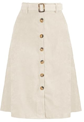 Allegra K Gonna da donna di Natale a vita alta midi A-line con bottoni davanti e cintura in corduroy, crema, L