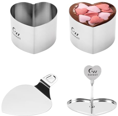 Guowall Heart Shaped Cake Rings Set, Dessert Moulds with Press and Spatula