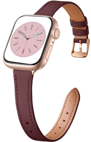 CeMiKa Bracelet Cuir Étroit Compatible avec Apple Watch 38mm 40mm 41mm 42mm | Bracelet Remplacement Cuir Fin Véritable pour Apple Watch SE3 SE/iWatch Series 11 10 9 8 7 6 5 4, Femmes Hommes, Rouge Vin