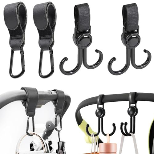 KSUKTSW 4 Stück Kinderwagen Haken, 360° Drehbar Kinderwagen Haken, Universelle Kinderwagen-Clips, Klettverschluss Kinderwagen Haken, Kinderwagen Haken für Taschen, Kinderwagen Haken für Wickeltaschen