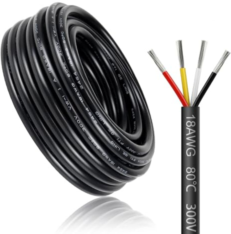 10 Meter 18AWG 4x0,75mm² Elektrischer Kabel, 4 Adriges Kabel 5V/12V/24V/300V Stromkabel Verzinntes Kupferkabel，Flexibel und Weich Niedrige Impedanz Hohe Temperaturbeständigkeit Verlängerungskabel