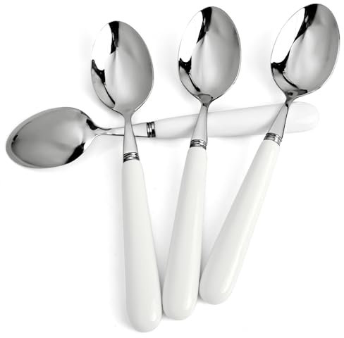 MEIYAHOME 20cm 8inch Fine Dinner Spoon with Round Edge Quality 18-10 Stainless Steel White Ceramic Handle,Soup Spoons Mirror Polishing Cutlery, Main Meal Spoon sus304 Table Spoons (4 Pcs)