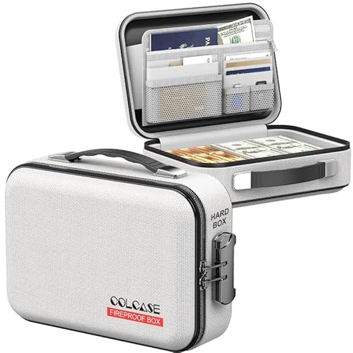 COLCASE Feuerfeste Spardose mit Schloss, Hartschalenkoffer, Hartschalen-Design, feuerfest, wasserabweisend, tragbar, für Bargeld, A5-Dokumente, Reisepass und Wertsachen, 29 x 20 x 10 cm, Grau