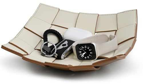 Valet Tray PU-Leder Schlüsselschale für Herren und Damen, Eingangstisch, Nachttisch, EDC Dump-Tablett für Geldbörse, Schlüssel, Schmuck, Herren-Geschenk – Kaffee & Weiß, 24,9 cm L x 24,9 cm B x 5,1 cm