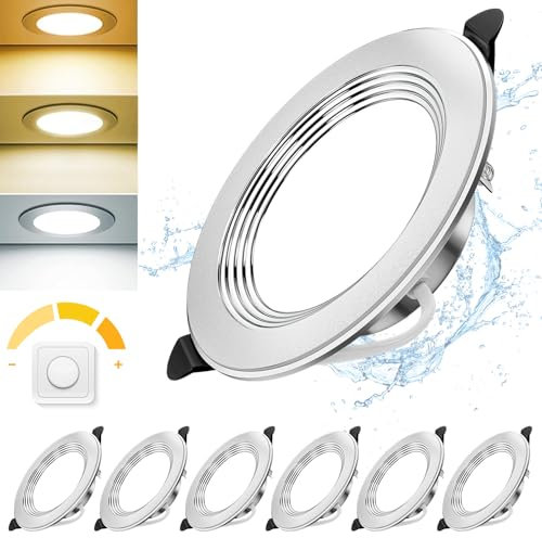 6x Faretti LED da Incasso Cartongesso Dimmerabile 10W 1000LM Ultrasottili Faretti da Soffitto 3000K Caldo 4500K Neutro 6000K Freddo, IP44 Faretti LED Soffitto per Bagno Cucina, Foro Φ115-130 mm