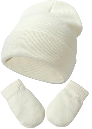 YANWANG Baby Beanie Mütze Fäustlinge Set Kinder Winter Warm Strickmützen mit Handschuhen für Kleinkinder Jungen Mädchen(S,White)