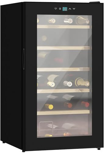 HOMCOM Nevera Vinos 24 Botellas 65L Vinoteca con Luz LED Interior Pantalla Táctil Digital Control de Temperatura Puerta de Vidrio y 5 Estantes de Metal Negro