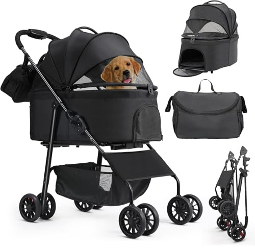MAMIZO Passeggino per cani 3 in 1, fino a 20 kg, 4 PCS ruote doppie a 360°, con una borsa a tracolla, pieghevole per cani di piccola taglia e media, nido per animali domestici, Nero