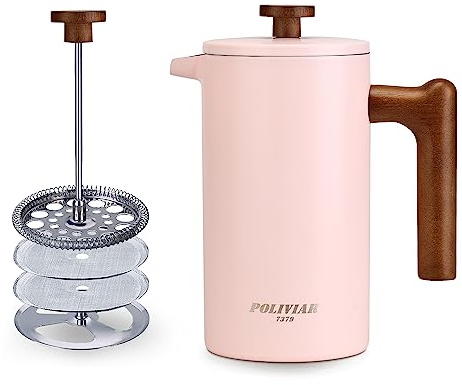 POLIVIAR Cafetière à piston 8 tasses avec poignée en bois – Cafetière isotherme à double paroi et 1 filtre supplémentaire – Presse à café en acier inoxydable pour un bon thé et café