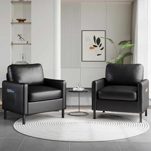 STHOUYN Black Faux Leather Accent Chair Set of 2 with Arms, Modern Small Accent Office Chair, Waiting Room Chairs for Living Room Bedroom with Metal Legs