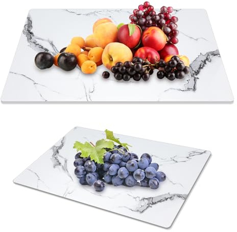 JAMBALAY Tempered Glass Cutting Boards for Kitchen, White 12x8 & 16x12 Glass Cutting Board Set with Marble Design, With Non Slip Foot, Shatter and Heat Resistant, Dishwasher Safe