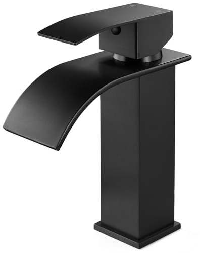 Warmiehomy Black Waterfall Basin Taps Mixer Bathroom Sink Taps Single Lever Hot and Cold Water Sink Taps with UK Standard Hoses,Square